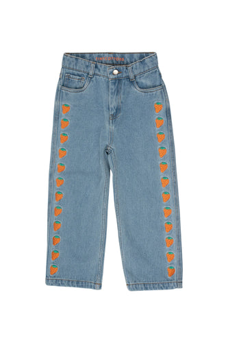 Tinycottons / KID / Strawberries Emb Jeans / Light Blue Denim